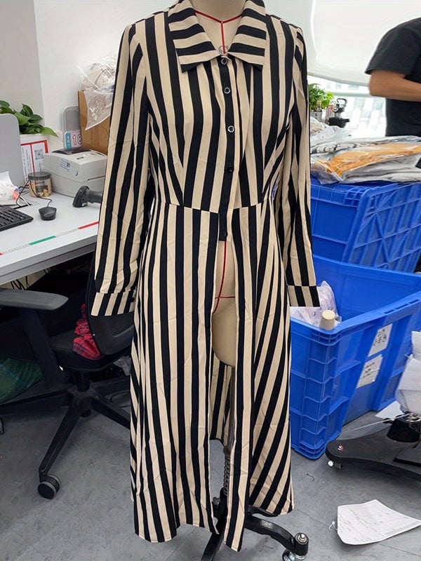 Long Sleeves Loose Buttoned Split-Front Split-Joint Striped Lapel Blouses&Shirts Tops