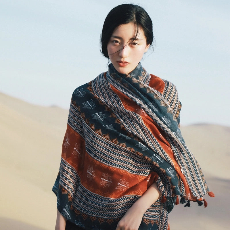 Silk Scarf Women's Summer Seaside Beach Sunscreen Shawl Scarf Dual-use  Long Ethnic Style Plus Size Travel Silk Scarf