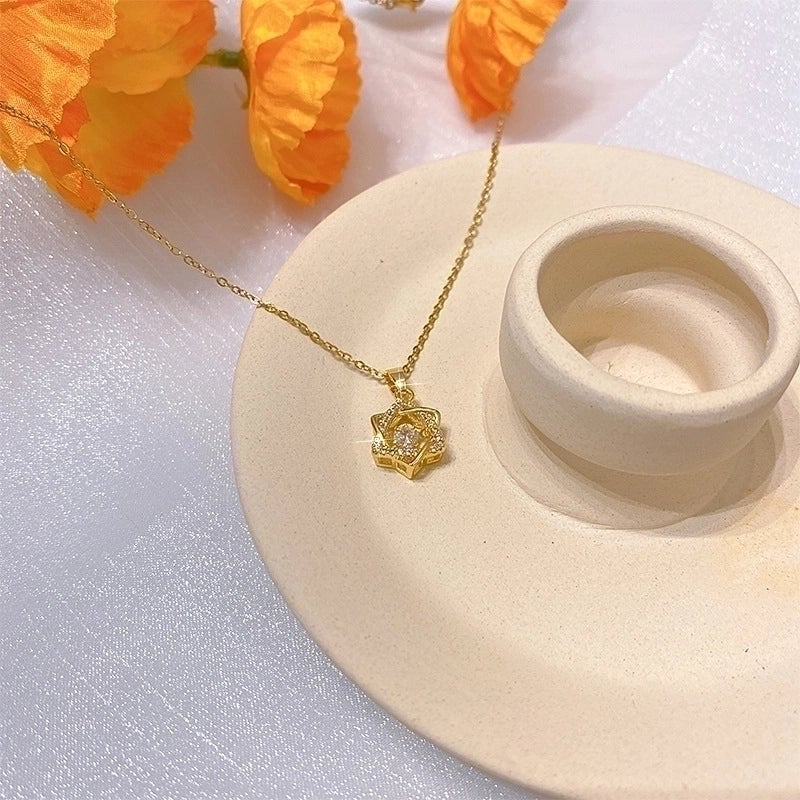 Titanium Steel Lady Inlay Heart Shape Flower Artificial Gemstones Pendant Necklace