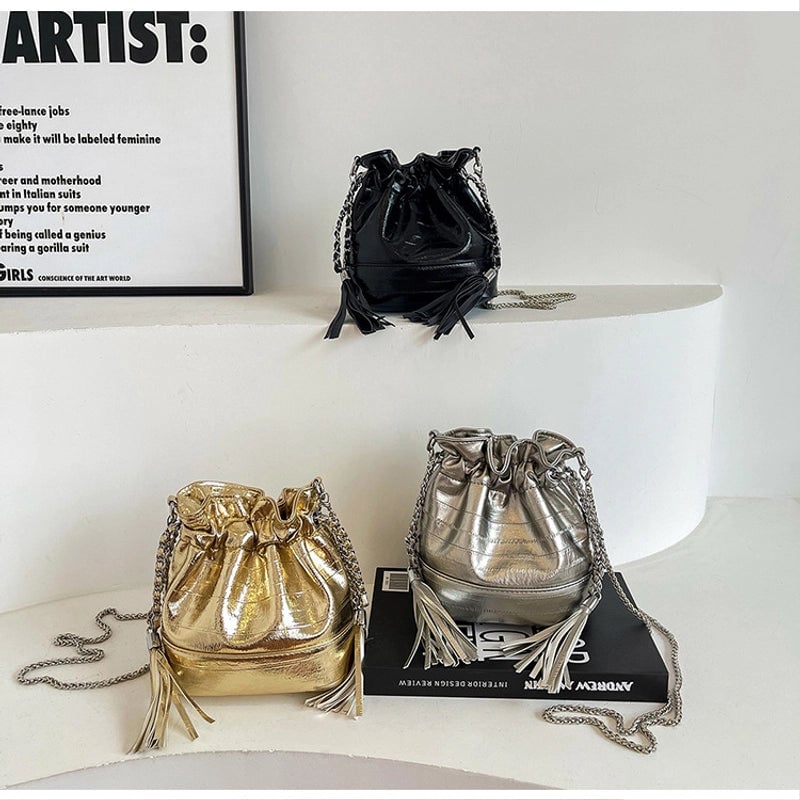 Women's Small Pu Leather Solid Color Streetwear String Bucket Bag