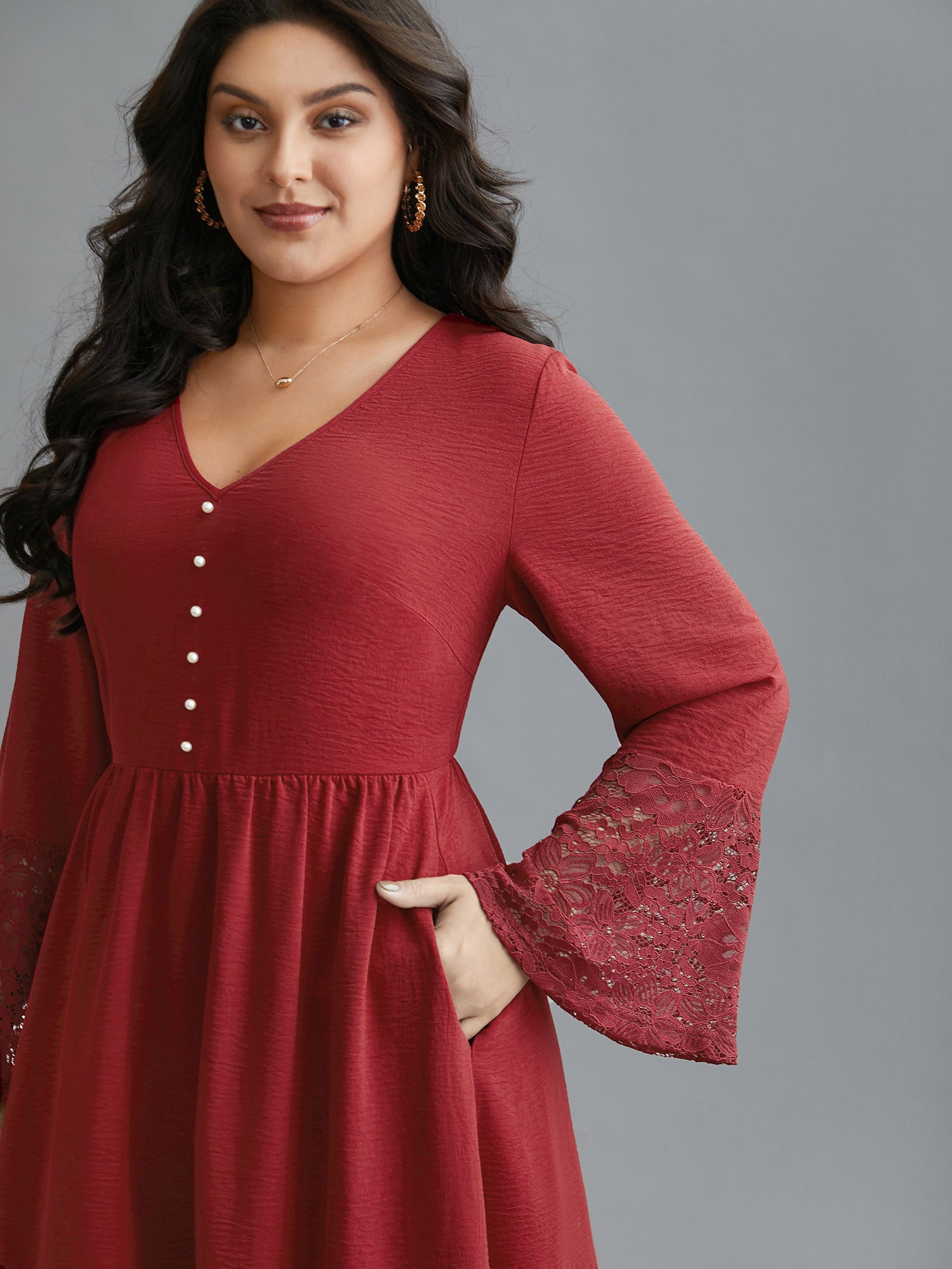 Lace Tiered Skirt Elastic Waist V-Neck Dress