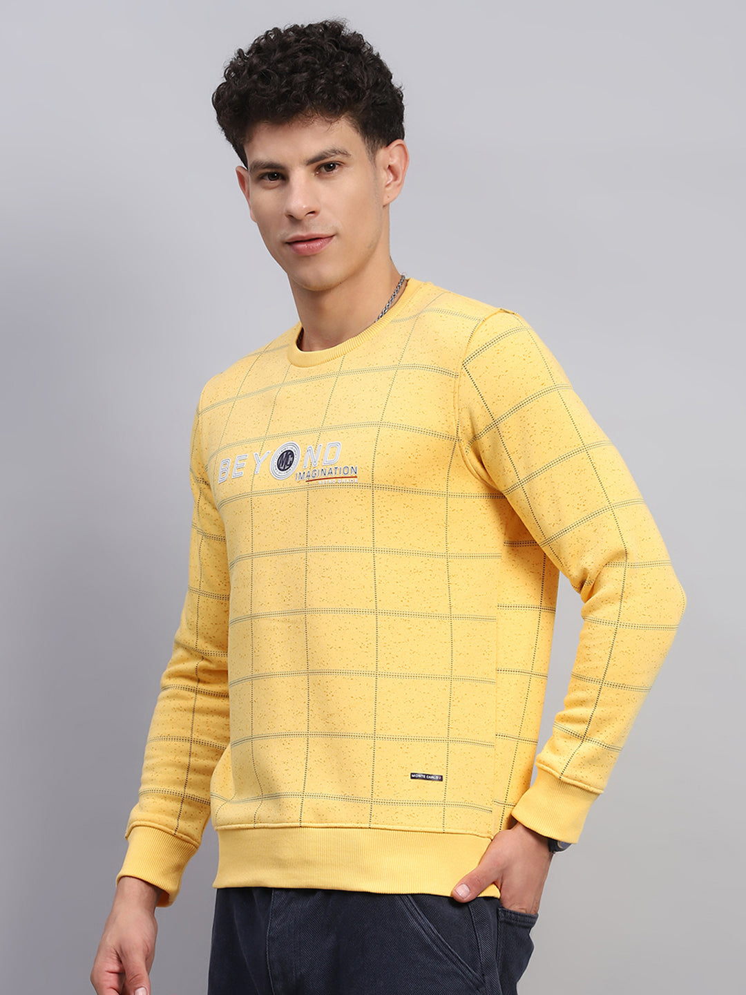 Men Yellow Printed Round Neck Full Sleeve Sweatshirt