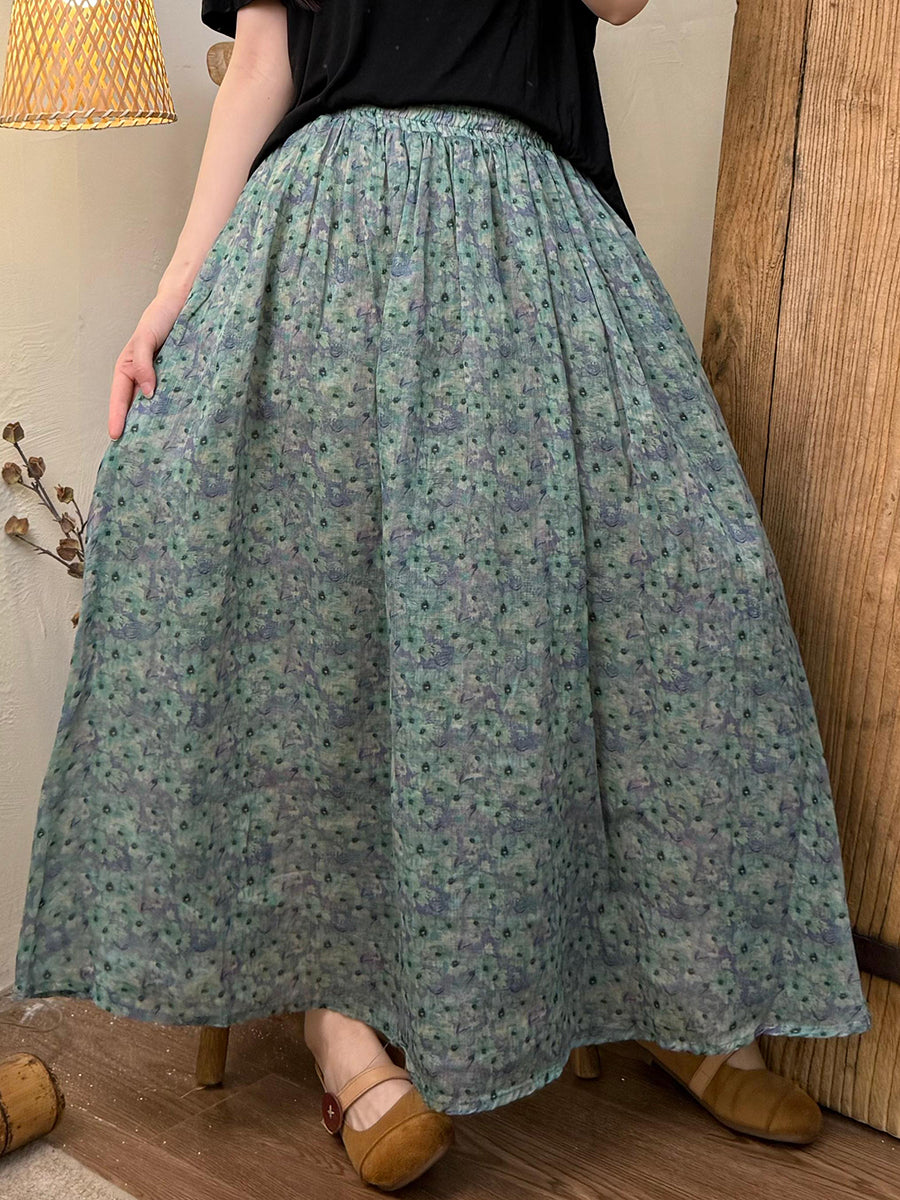 Women Summer Vintage Stripe Dot Ramie Skirt