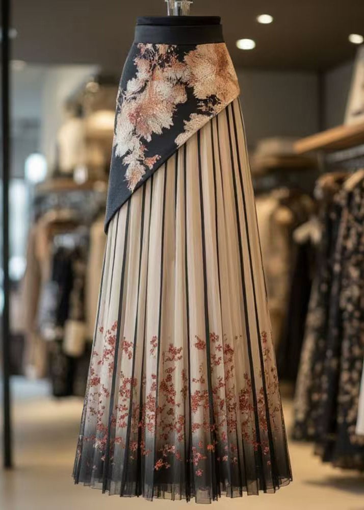 Retro Black Print Wrinkled Patchwork Chiffon Skirts Summer