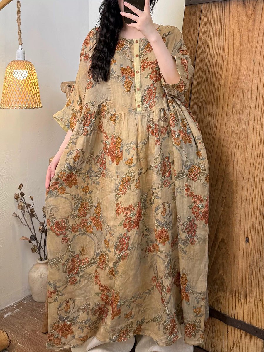 Women Summer Retro Flower O-Neck Ramie Dress