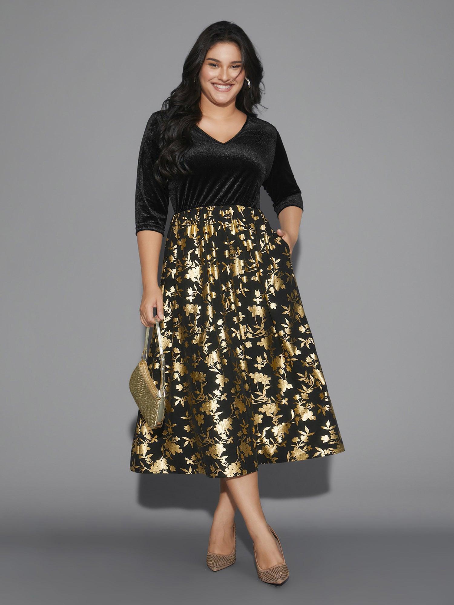 Glitter Floral Patchwork Velvet Midi Dress