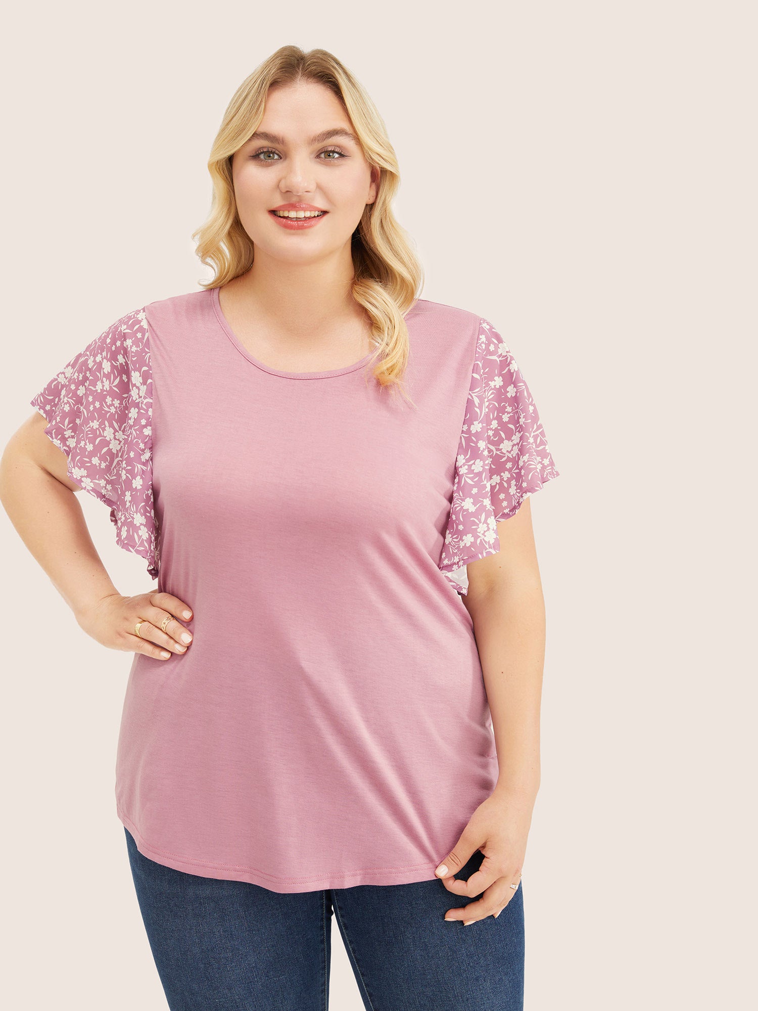 Ditsy Floral Ruffle Sleeve Round Neck T-Shirt