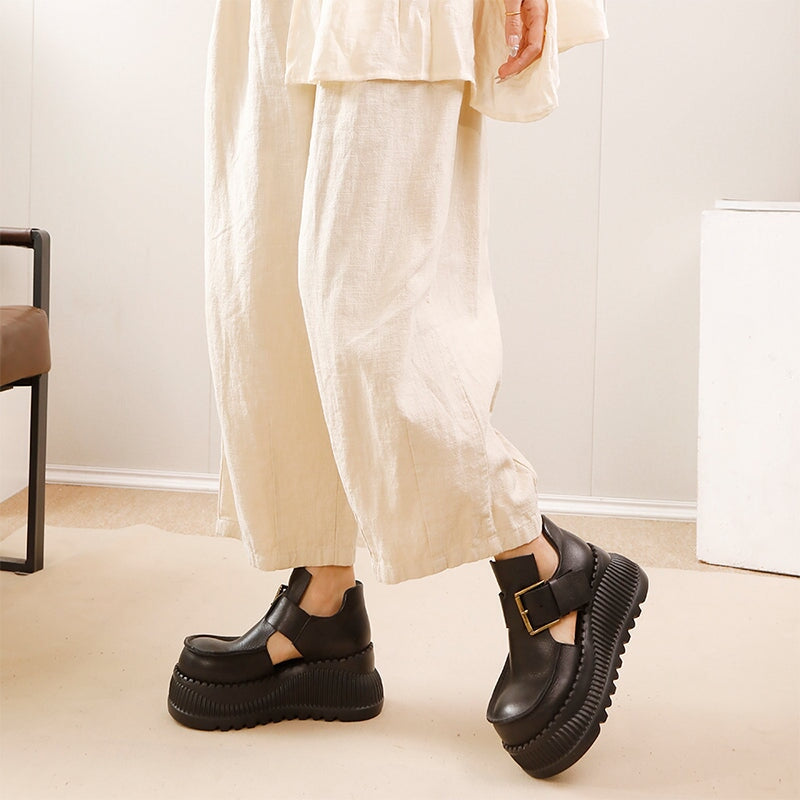 75mm Platform T-Straps Sandals Cowhide Mary Jane Shoes in Black/Light Brown