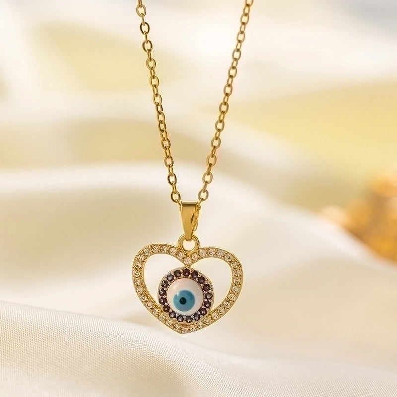 304 Stainless Steel 18K Gold Plated Vintage Style Minimalist Inlaid Zircon Eye Artificial Rhinestones Resin Pendant Necklace