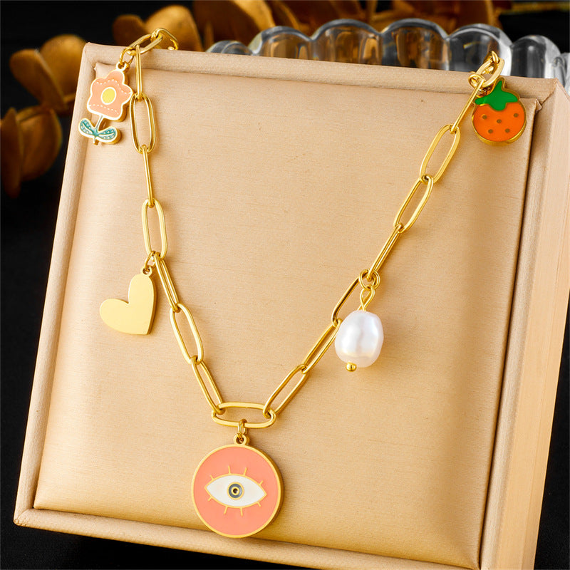 Fashion Colorful Dopamine Oil Drop Rainbow Flower Accessories Pendant Eye Butterfly Chain Stainless Steel Necklace