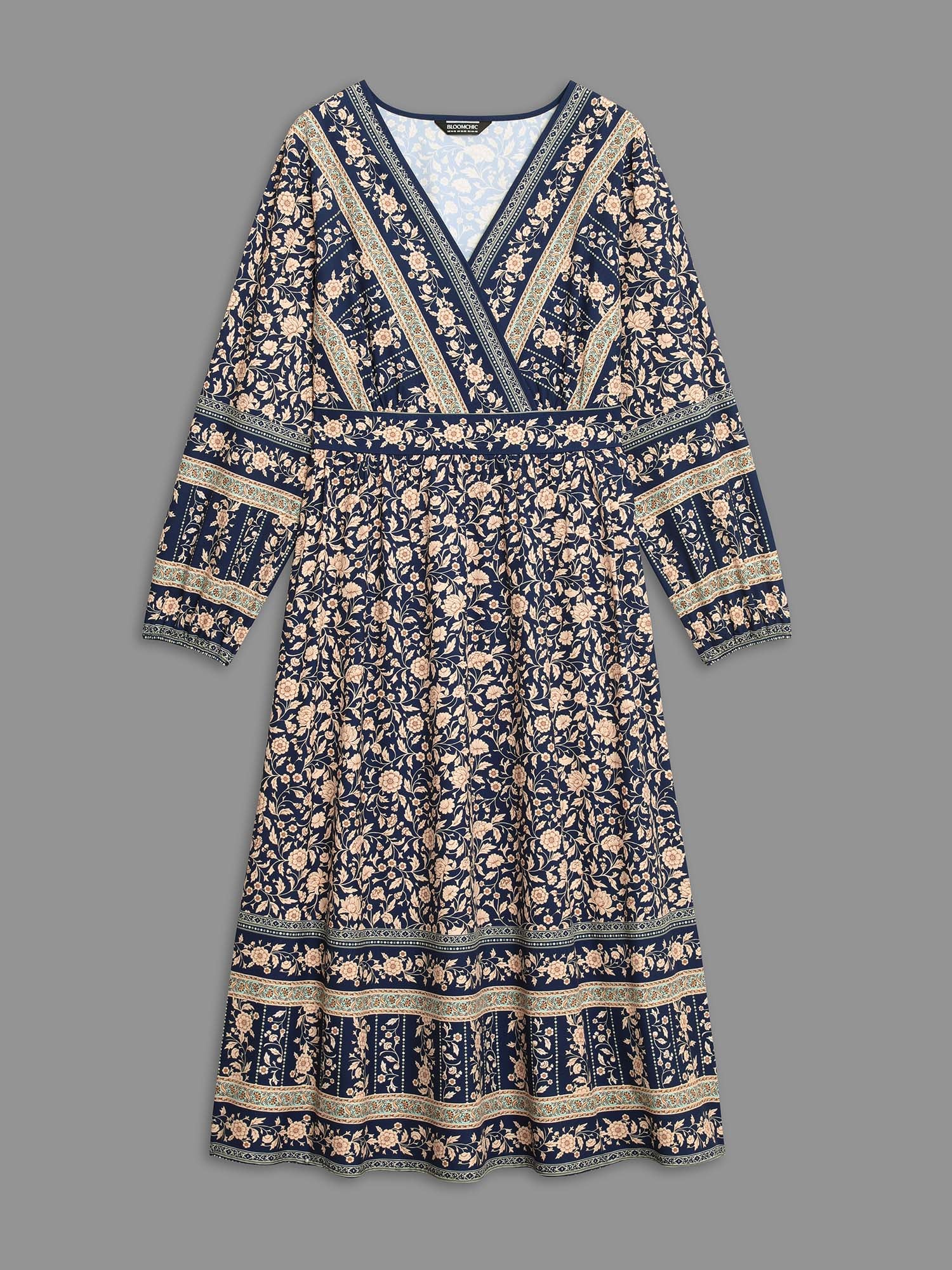 Surplice Neck Boho Print Elastic Waist Dress