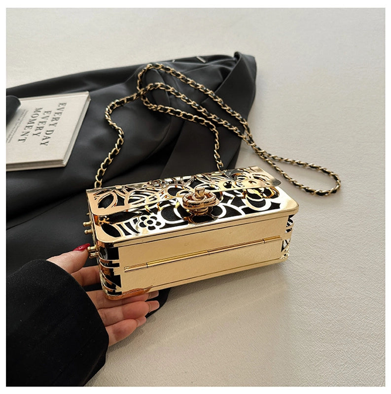Women's Medium Pu Leather Metal Solid Color Streetwear Hollow Square Lock Clasp Crossbody Bag