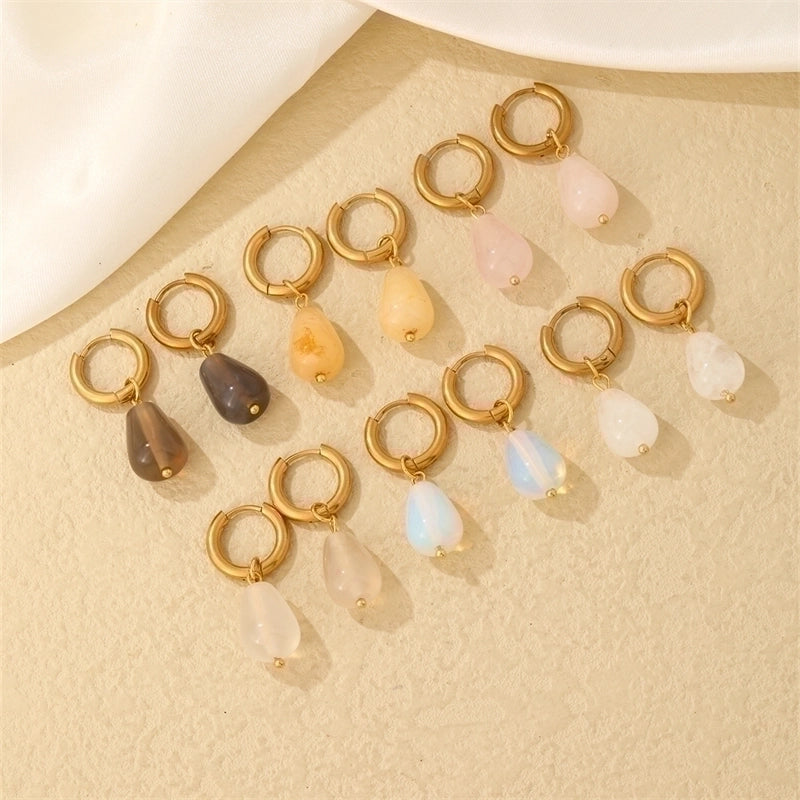 1 Pair Casual Minimalist Water Droplets Plating 304 Stainless Steel Natural Stone K Gold Plated Drop Earrings