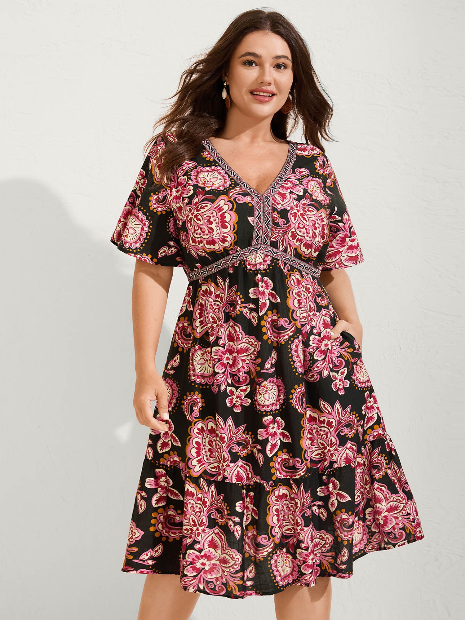 Paisley Print Stretchy Waist Pockets Midi Dress