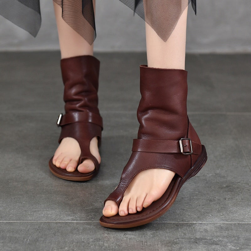 Leather Gladiator Toe Ring Flat Sandals Summer Roman Ankle Boots with Buckle & Back Zipper in Coffee/Black