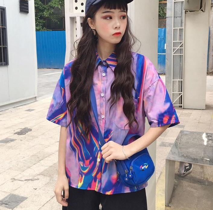 Short Sleeve Technicolor Button Up Shirt