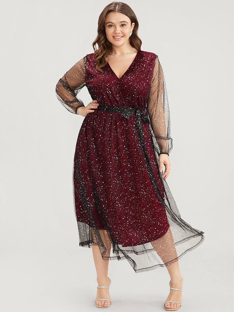 Polka Dot Lantern Sleeve Surplice Neck Mesh Belted Dress