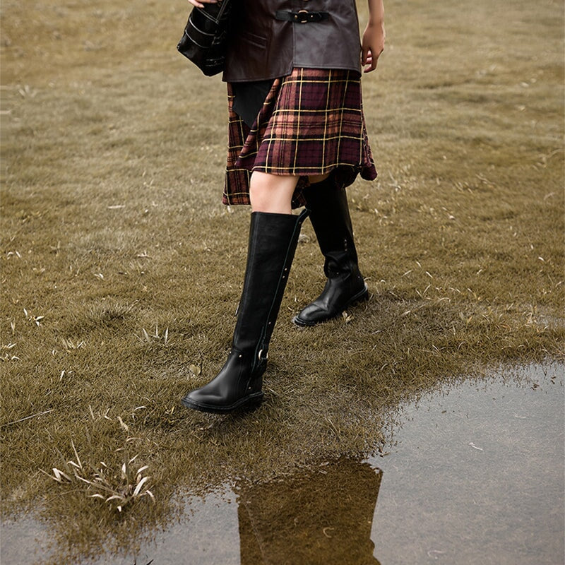 Riding Boots for Women In Black Leather Round Toe- Belt Embellished Knee High Boots With Large Tube