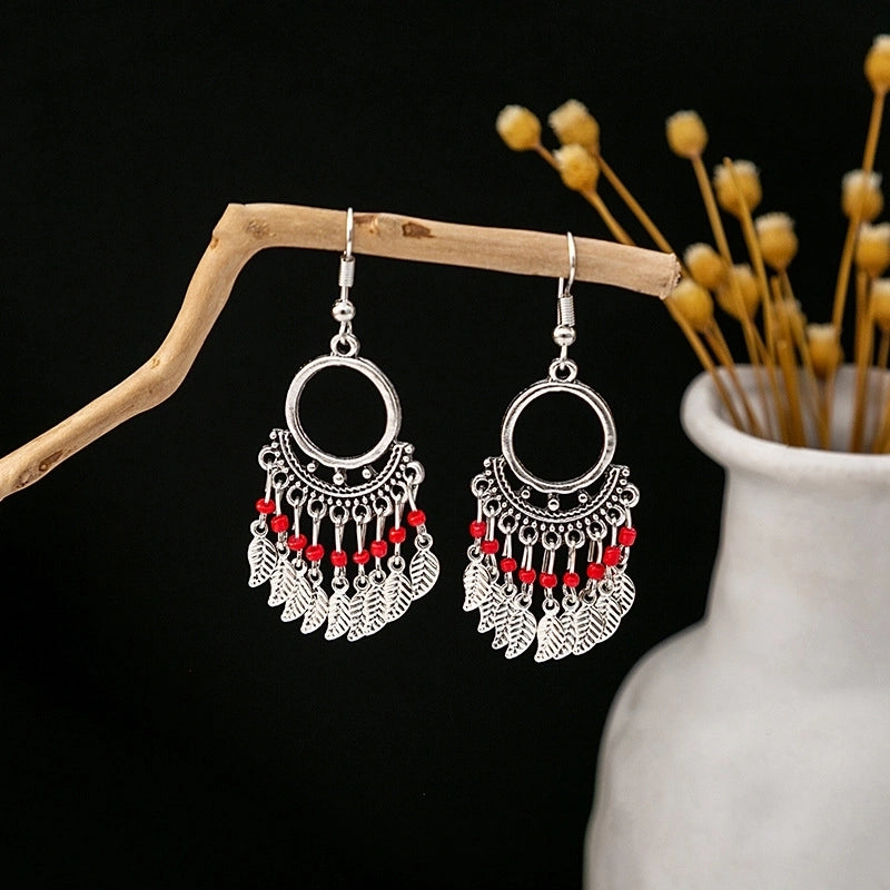 Bohemian Blue Turquoise National Style Earrings Imitation Miao Silver Metal Earrings Vintage Tassel Earrings