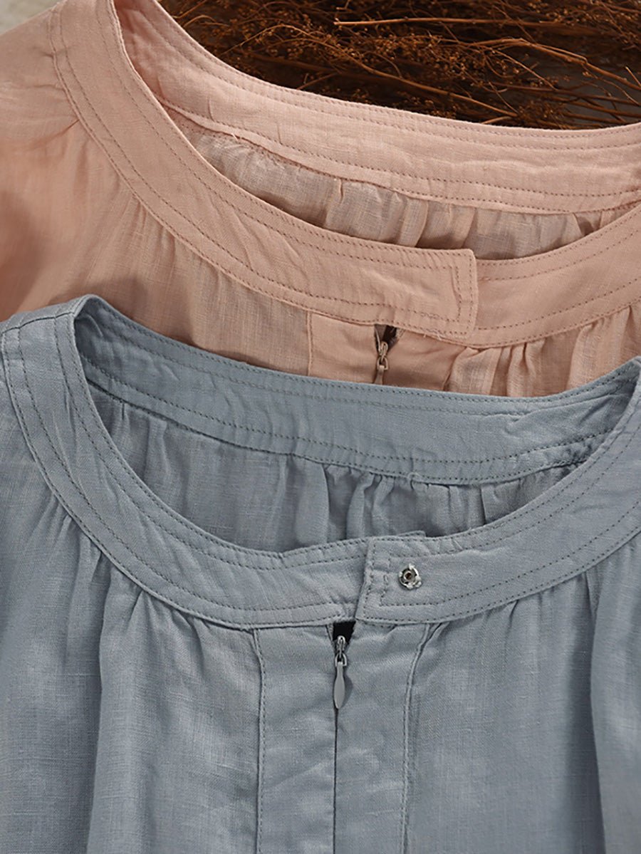 Women Summer Vintage Pure Color O-neck 100%Linen Shirt