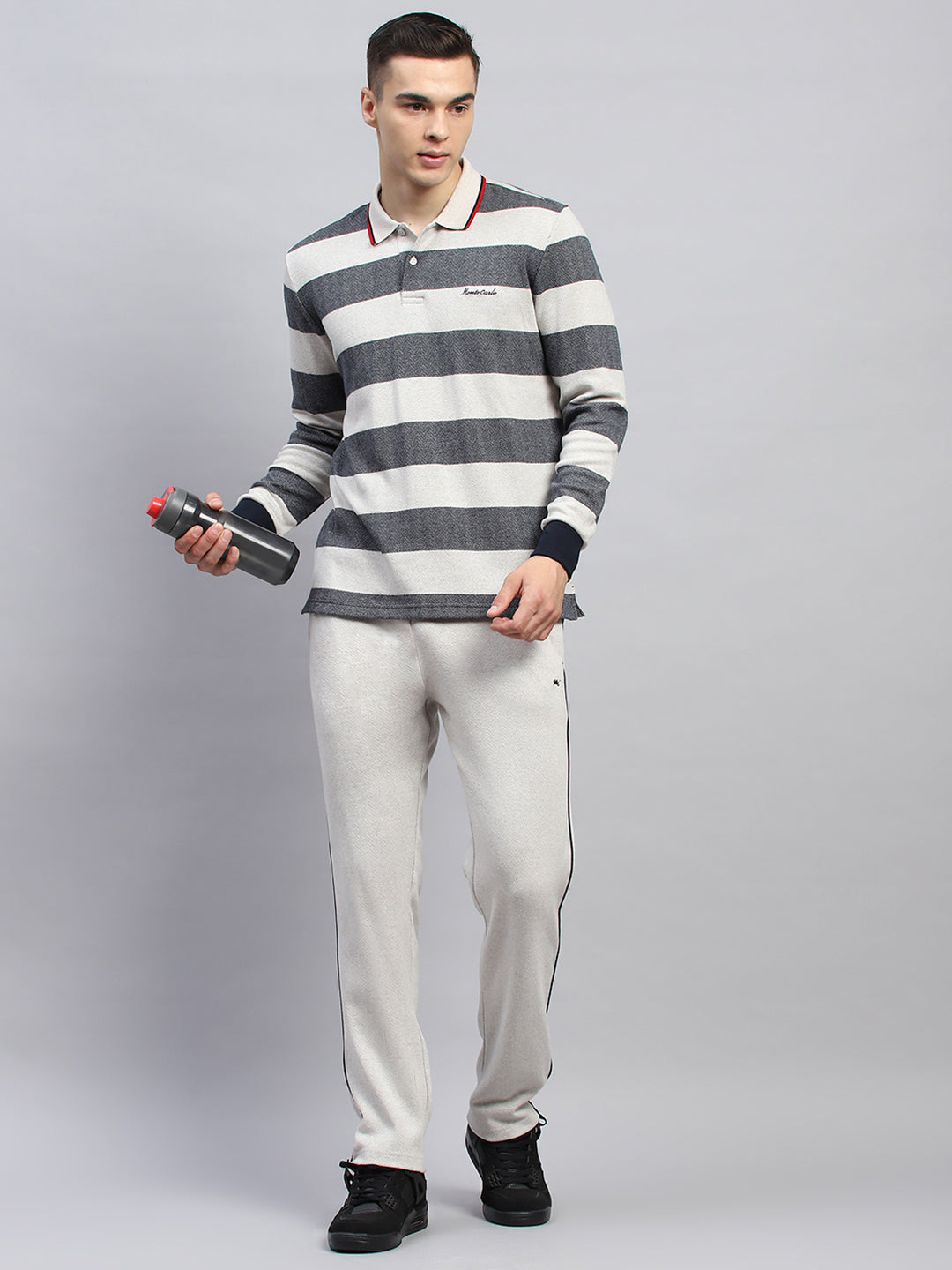 Men Grey Stripe Collar Full Sleeve Winter Tracksuit