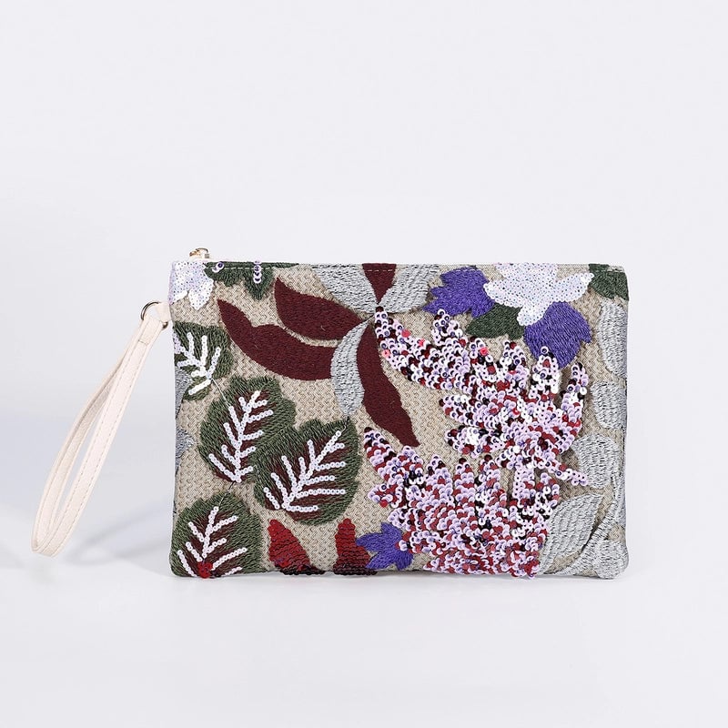 Orange Purple Green Straw Flower Square Clutch Evening Bag