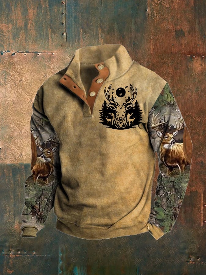 Men'S Deer Print Button Casual Sweatshirt