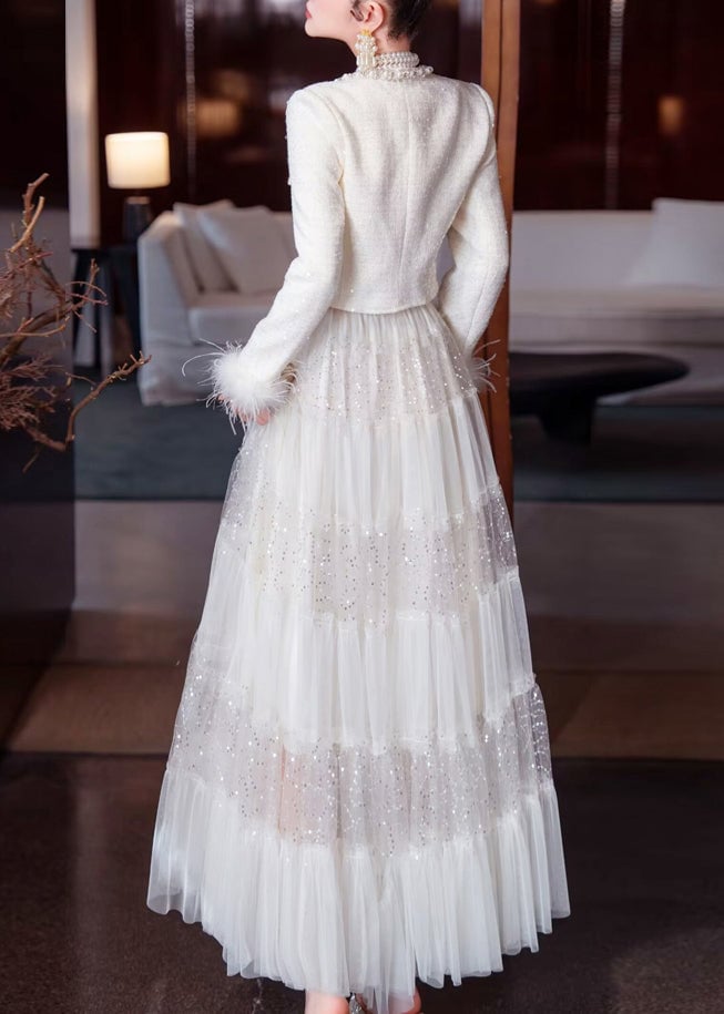 Elegant White Sequins Nail Bead Coats And Tulle Maxi Skirt Two Pieces Set Spring