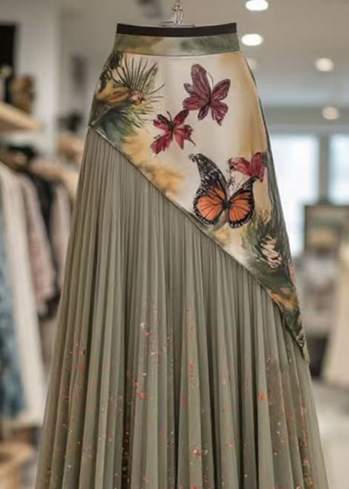 Stylish Green Asymmetrical Print Tulle Patchwork Pleated Skirt Summer