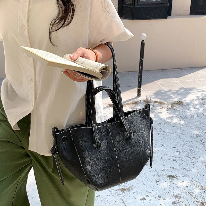 Women's Large Pu Leather Solid Color Basic Classic Style Bucket Magnetic Buckle Tote Bag
