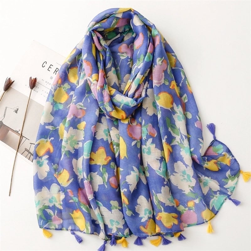 Yarn Cotton Fruit Green Bright Yellow Leaf Printing Tassel Scarf Shawl