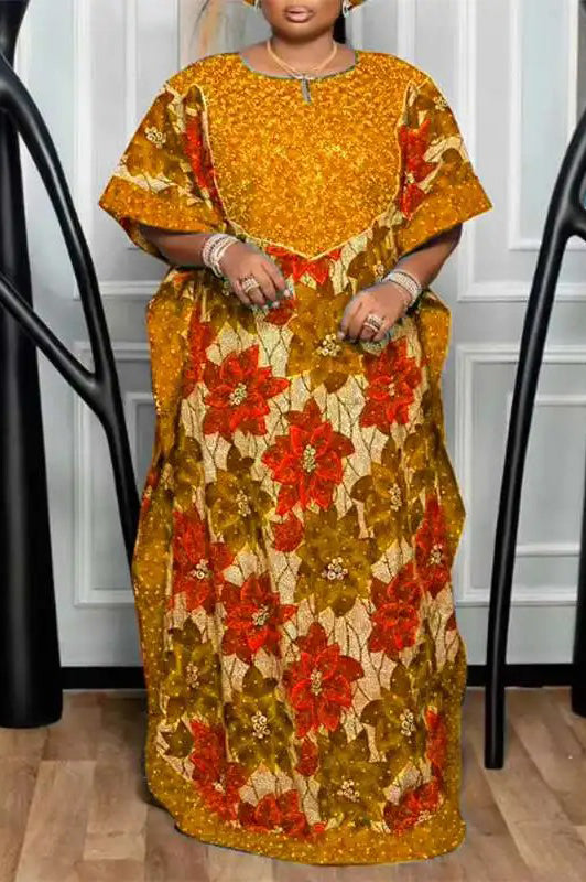 Vintage Casual Printed Bat-wing Sleeve Party Printed Loose Maxi Dress