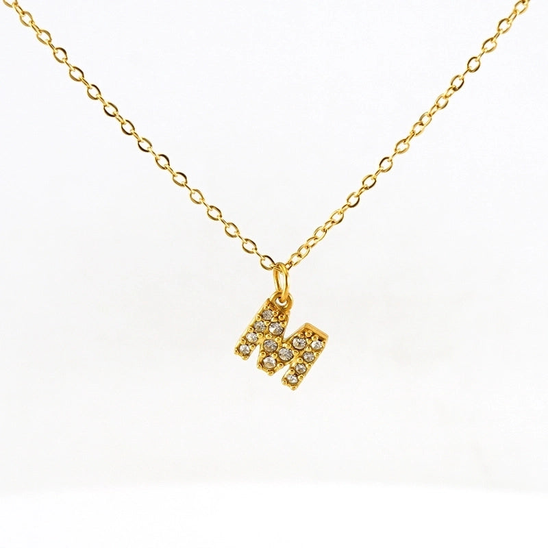 Minimalist Classic Style Letter Titanium Steel Zircon 18K Gold Plated Inlay Pendant Necklace