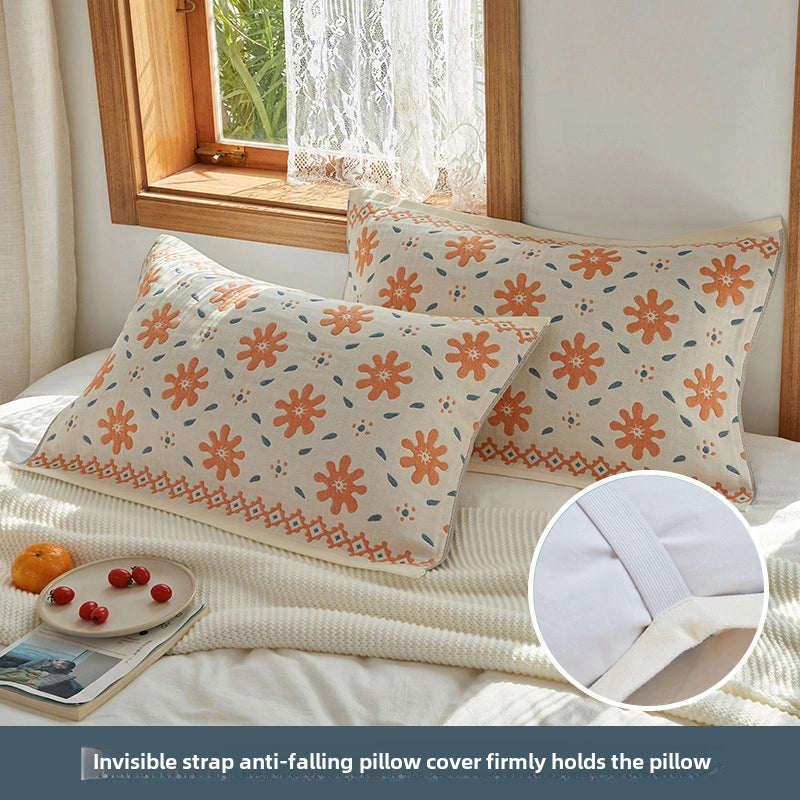 Four-layer Cotton Gauze Pillow Towel Elastic Band Fixed Anti-shedding Adult Pillow Turban Season Couple Cover Towel