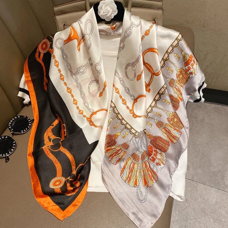 Women's IG Style Elegant Stripe Flower Chains Print Satin Printing Silk Scarf