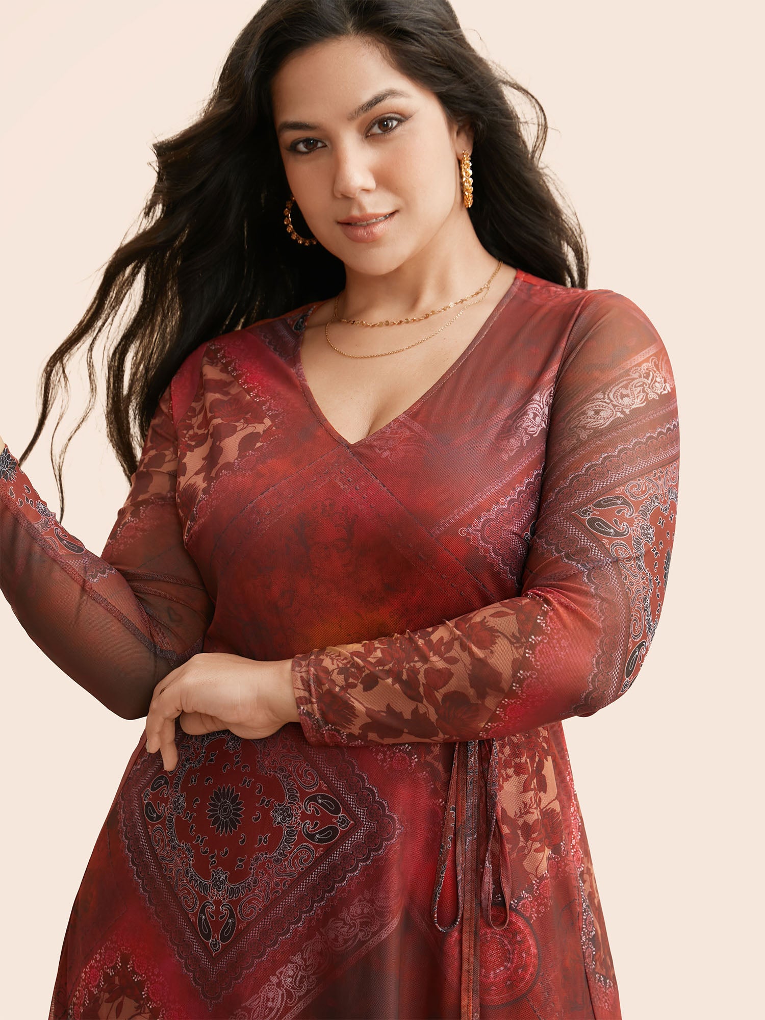 Boho Print Belted Mesh Midi Dress