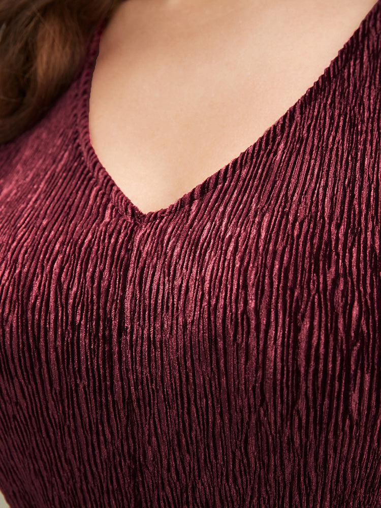 Glitter Textured Lantern Sleeve Belted Ruffle Blouse