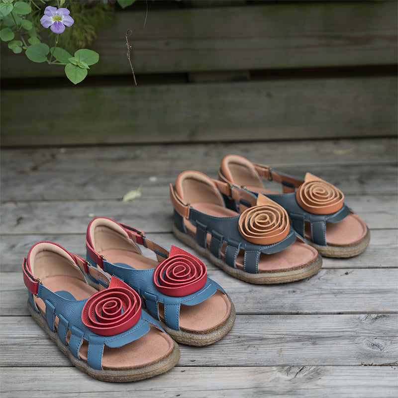 Women's Leather Hollow Sandals Flat with Handmade Flower