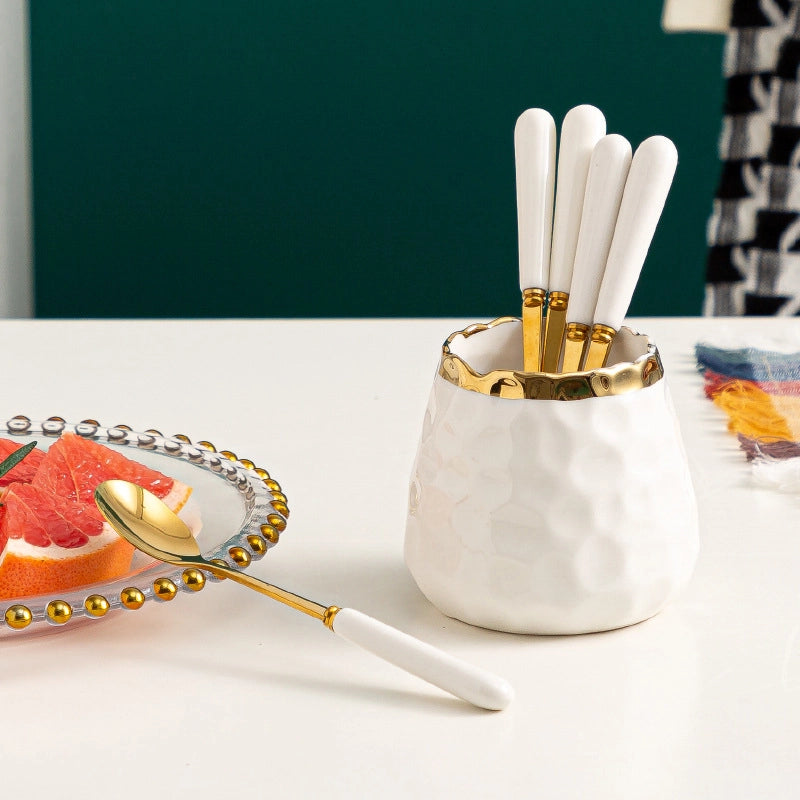 Simple Light Luxury Fruit Fork Spoon Ceramic Storage Cans Set Creative Fruit Sticks Household Stainless Steel Knife Fork Spoon
