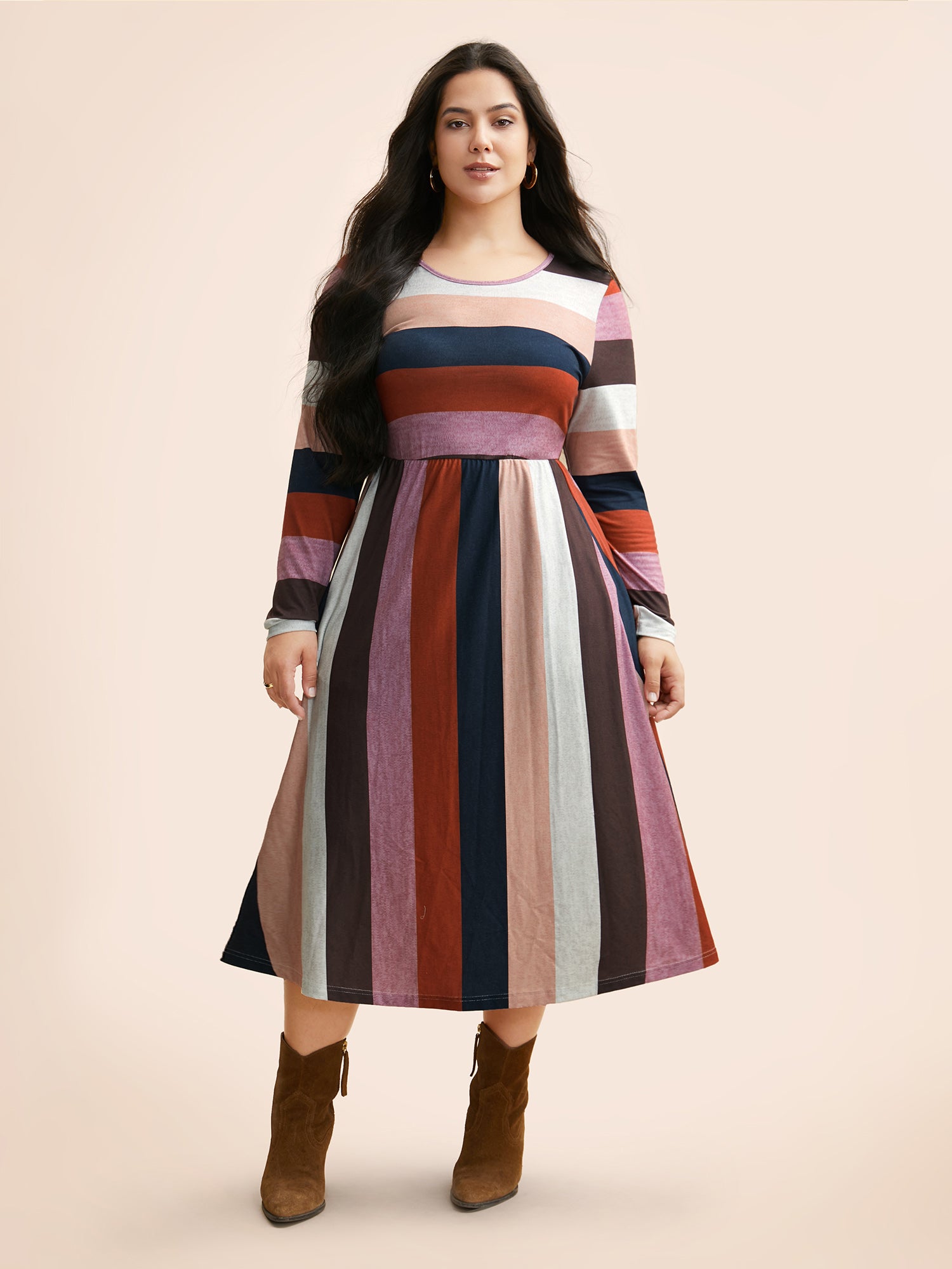 Striped Contrast Crew Neck Knit Dress