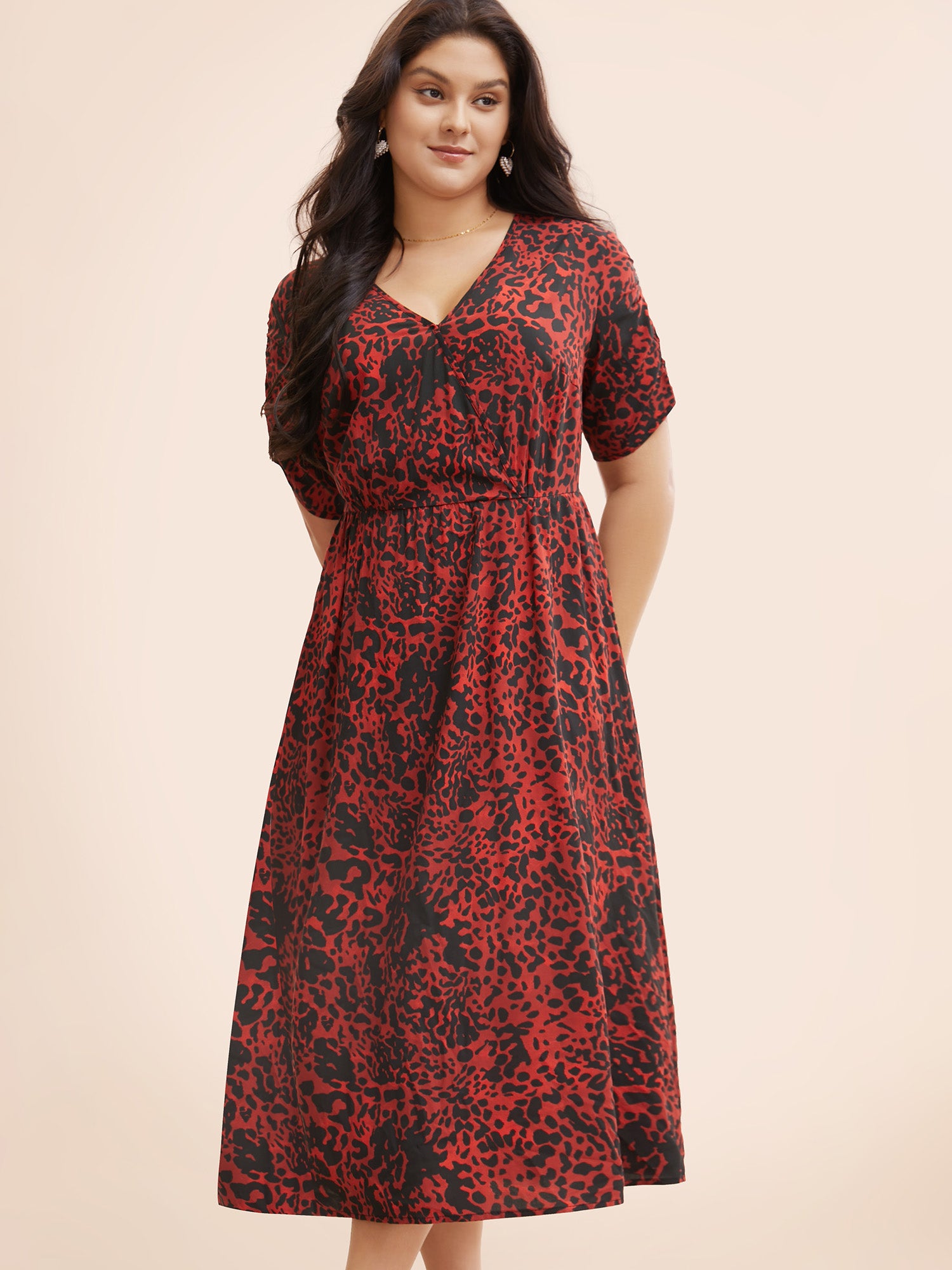 Leopard Print V Neck Gathered Dress