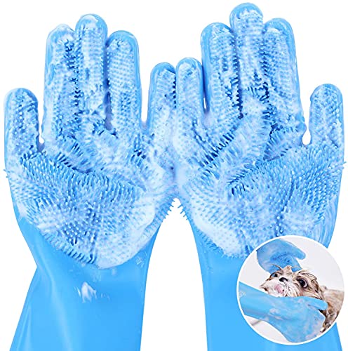 Pecute Pet Grooming Gloves. Heat Resistant Cat Bathing Gloves with High-Density Teeth. Silicone Dog Bathing Gloves with Enhanced Five Finger Design. Bathing and Massaging for Dogs and Cats Blue