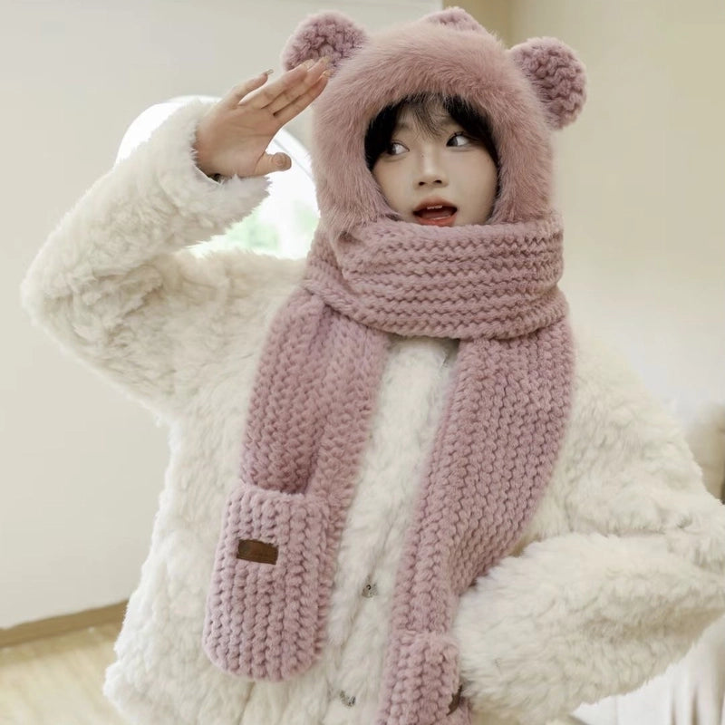 Cute Bear Ears Plush Hat Scarf Integrated Female Autumn And Winter Cycling Warm All-Matching Mask Ear Protection Scarf