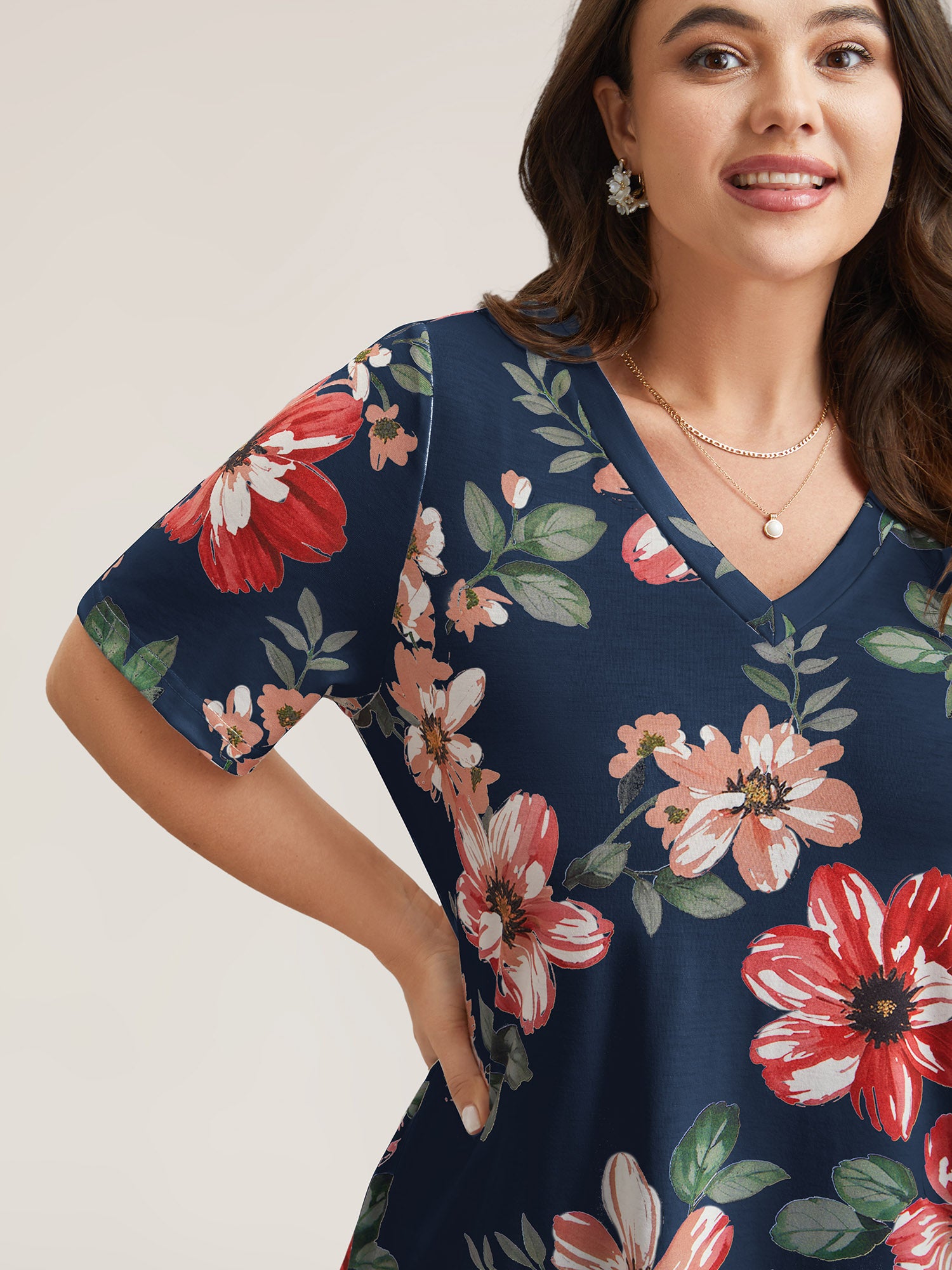 Multi-Color Floral Print V-Neck T-Shirt