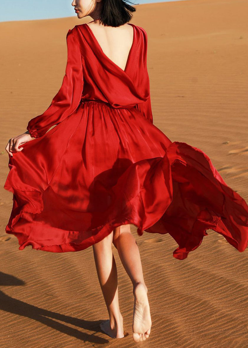 Italian Wine Red V Neck Low High Design Cotton Robe Dresses Fall
