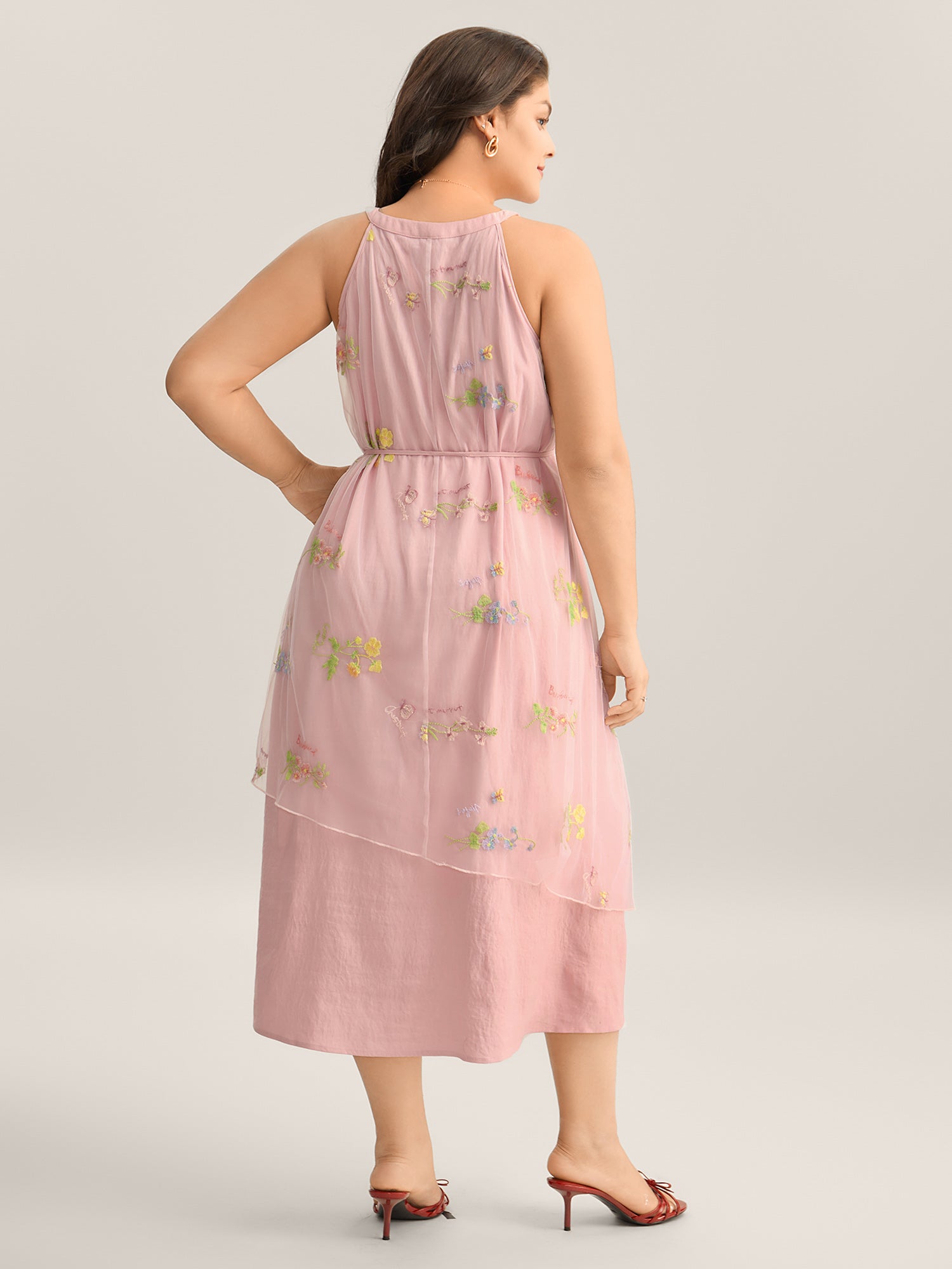 Embroidered Mesh Halter Neck Midi Dress
