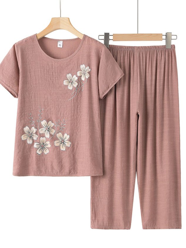 Casual Loose Floral Crew Neck Two-Piece Set