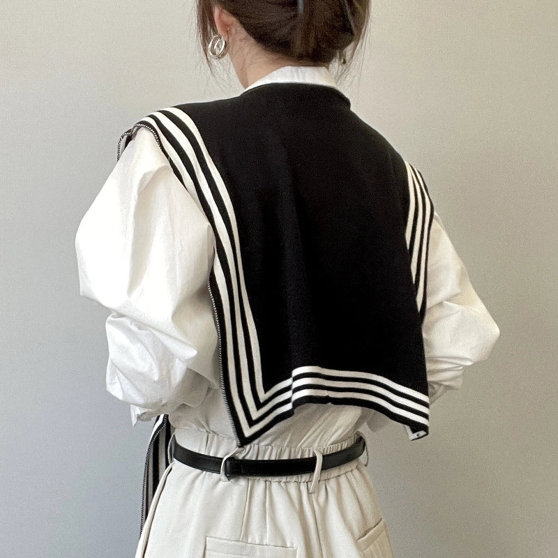 Spring And Autumn Versatile Striped Knitted Waistcoat Fake Collar  Warm Black And White Striped Scarf