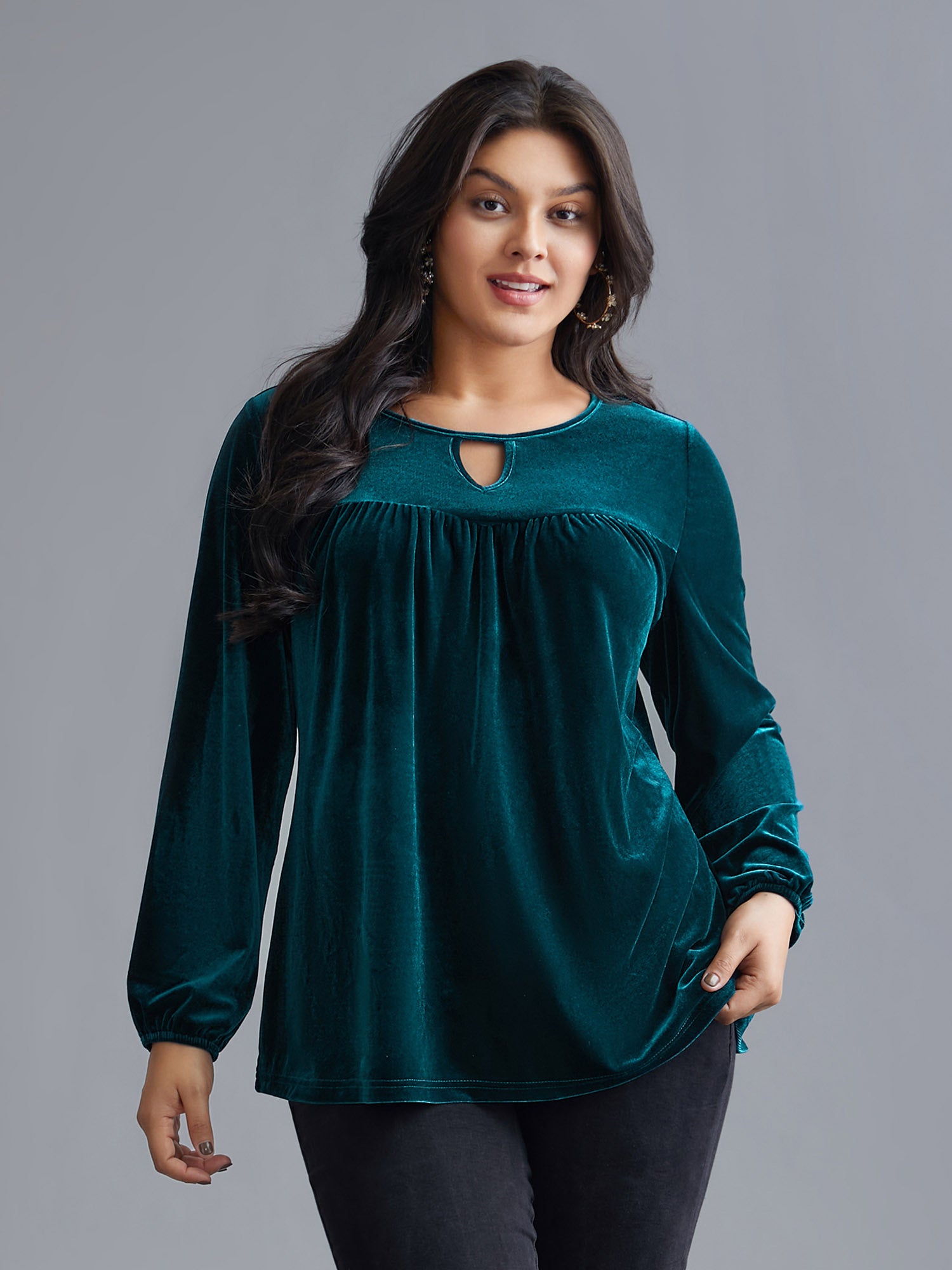 Plain Hollow Out Gathered Velvet Blouse