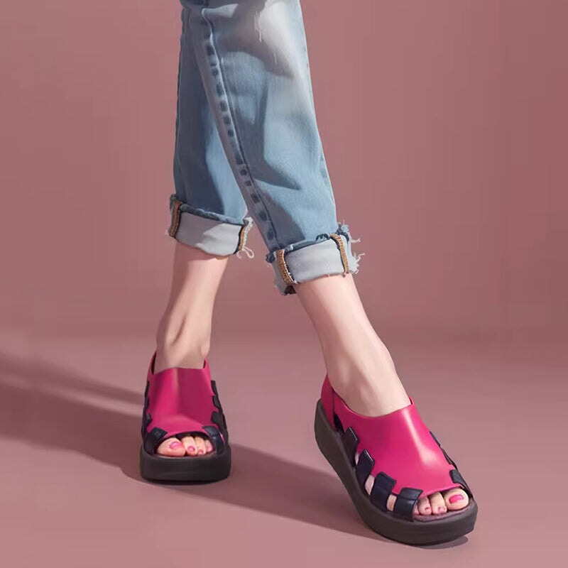 Handmade Leather Gladiator Sandals Peep Toe Back Zip 50mm Wedges Color Blocking